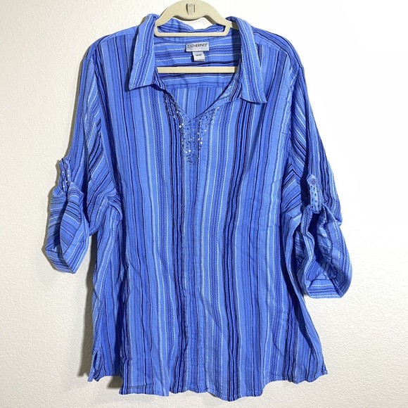 Catherines Womens Blouse Top Size 4x Cotton Blue Roll Tab Sleeve Beads Stripe - Picture 1 of 8